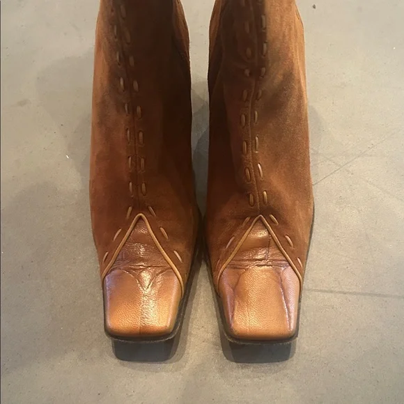 Made In Italy Camel Tan Brushed Suede and Leather High Calf Heeled Boots - Picture 7 of 14